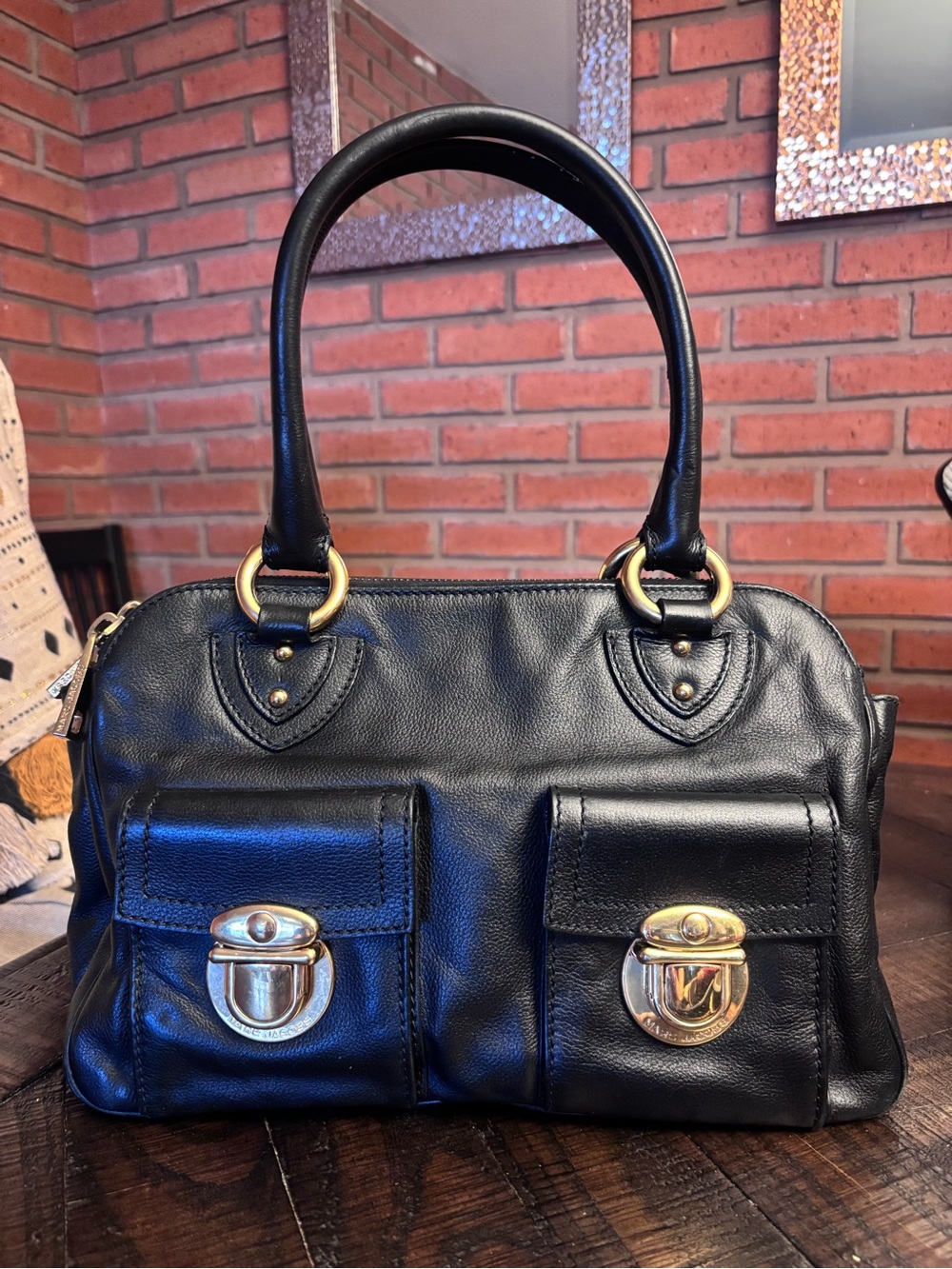 Marc Jacobs Black Leather Satchel with Gold Hardware🤩